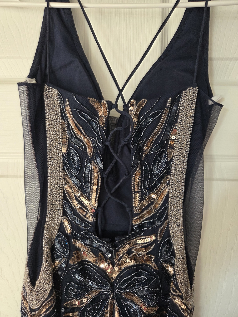 Navy and Rose Gold Sequin V-Neck Homecoming Dress - Picture 6 of 6
